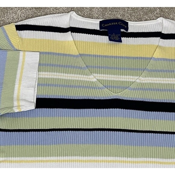 Charter Club Striped V Neck Sweater Ribbed Large Pima Cotton - Picture 1 of 6